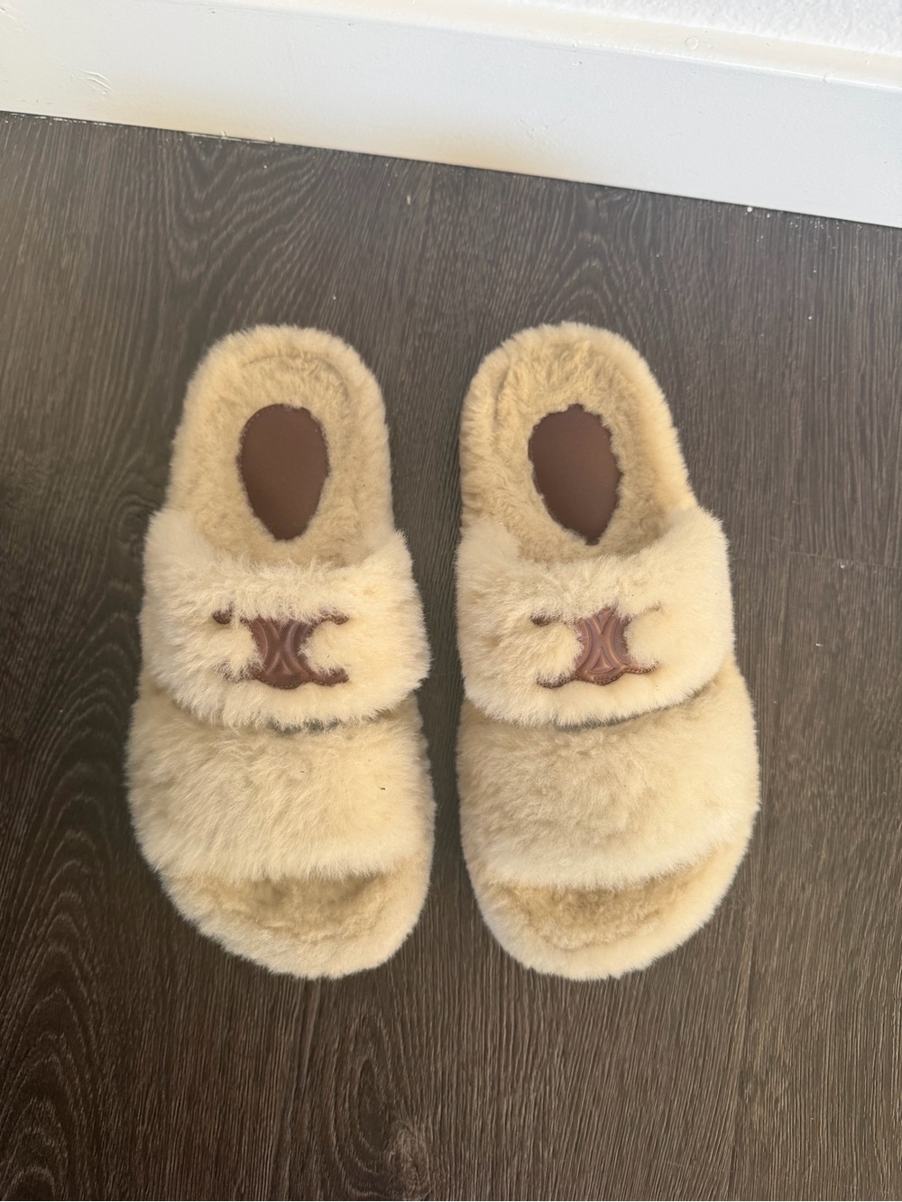 Celine Beige Shearling Slide Sandals with Brown Logo Accent